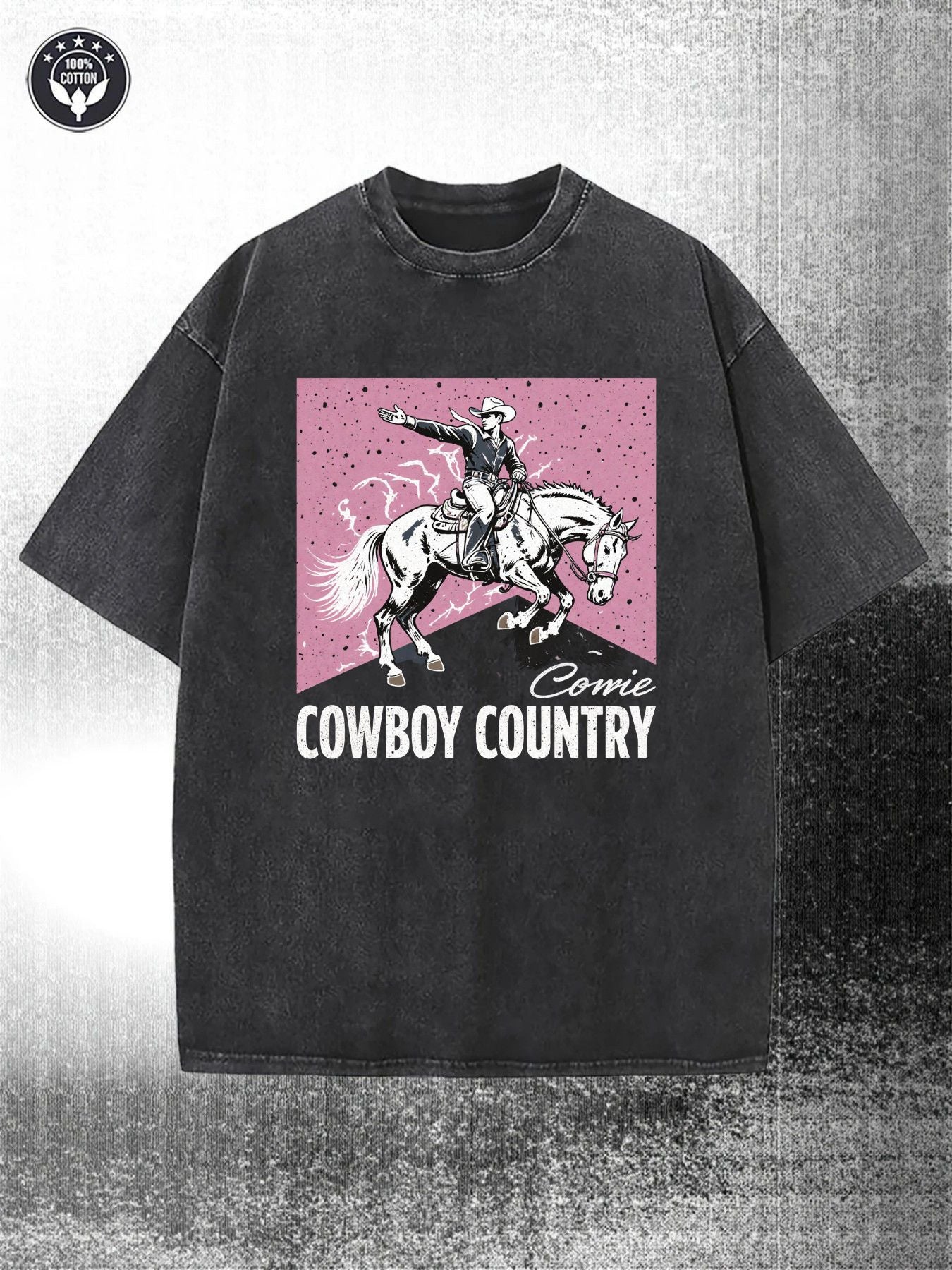 Men's Retro Washed Black 230gsm Heavy Western Cowboy Pattern Print, Pink Horse Knight and Cowboy Country Letter, Street Style Short Sleeve Crew Neck Casual, Suitable for Country Music Festival and Casual Wear