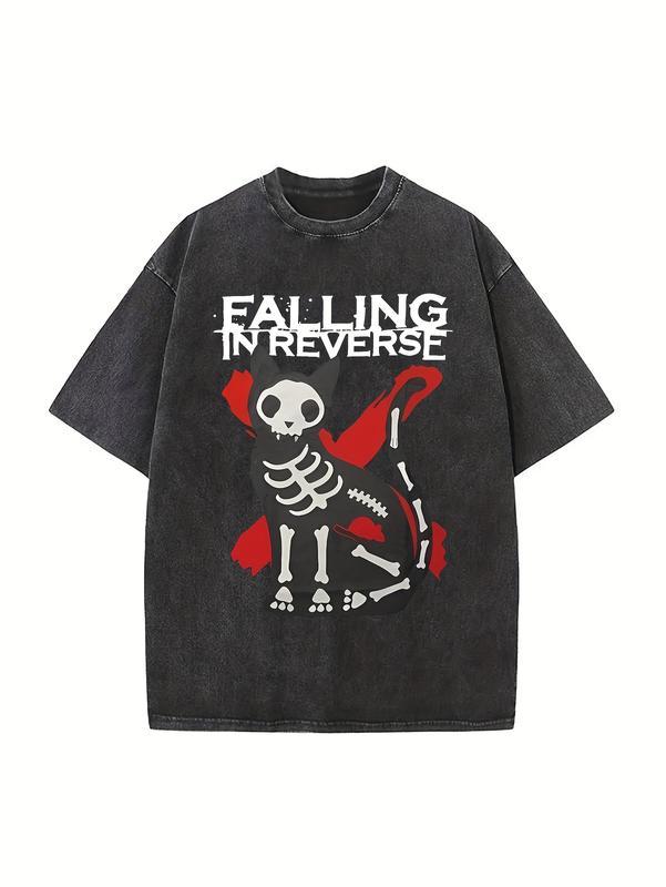 Couples Vintage Washed Print T Shirt Skeleton Graphic Red Accents Crew Neck Short Sleeve Regular Fit Straight Hem Design
