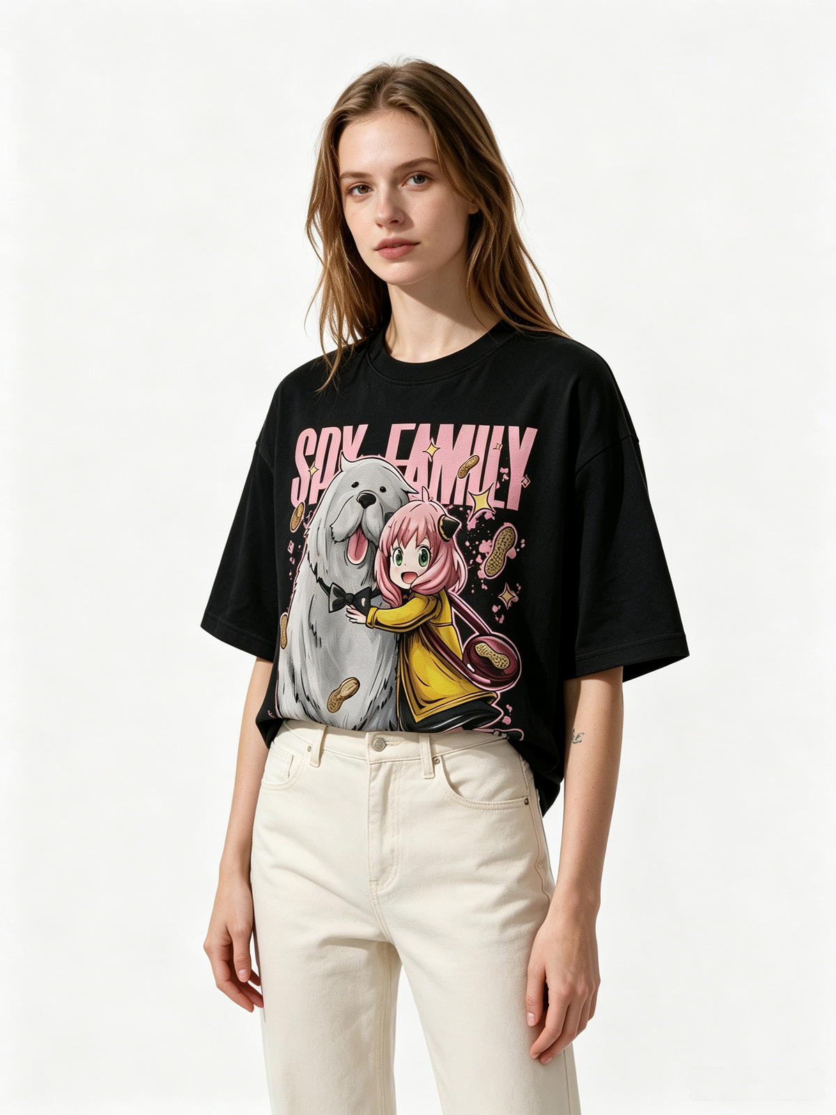 Pure Cotton *Spy x Family* Anime Short-Sleeve T-Shirt (Anya & Bond) – Trendy Oversized Loose-Fit Women's Top