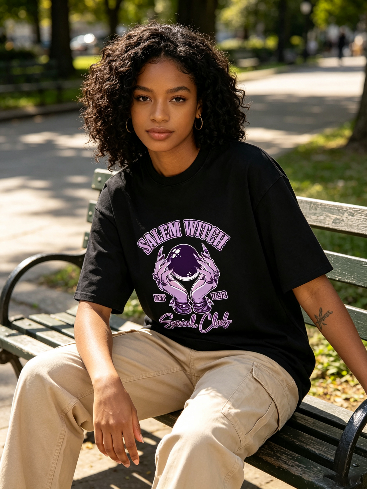 Women's Oversized Heavyweight Cotton T-Shirt – Vintage-Washed "Salem Witch" Crystal Ball Graphic (American Style / Halloween Theme)