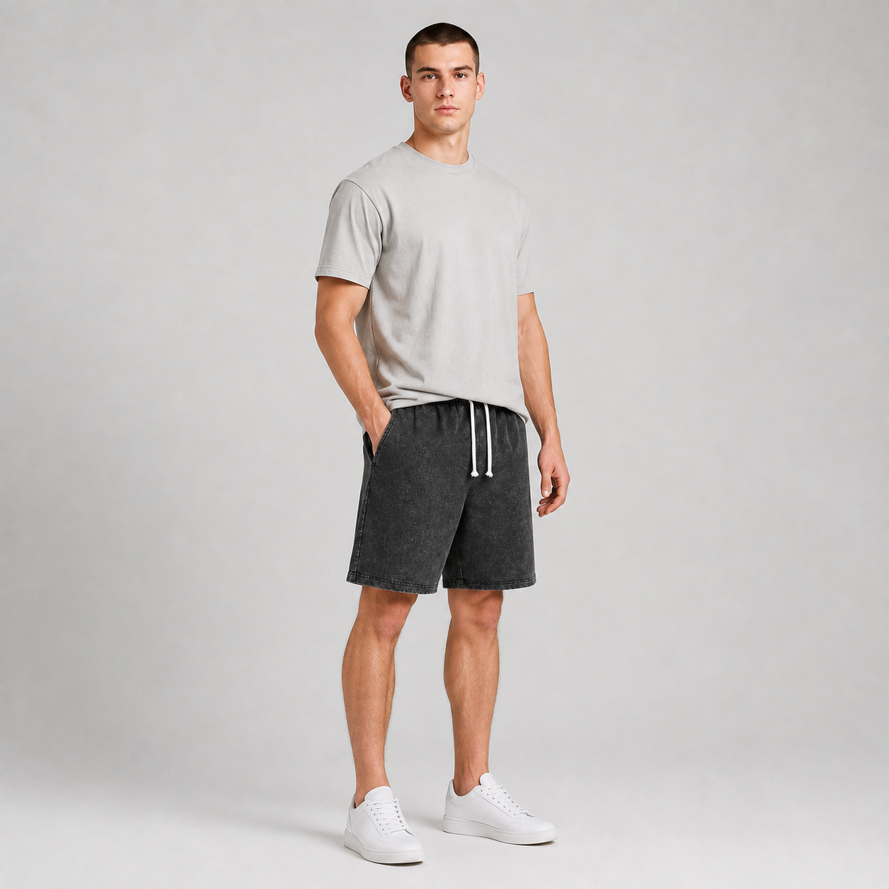 American-style vintage distressed-wash shorts; breathable cotton-blend athletic shorts; versatile, casual unisex style.