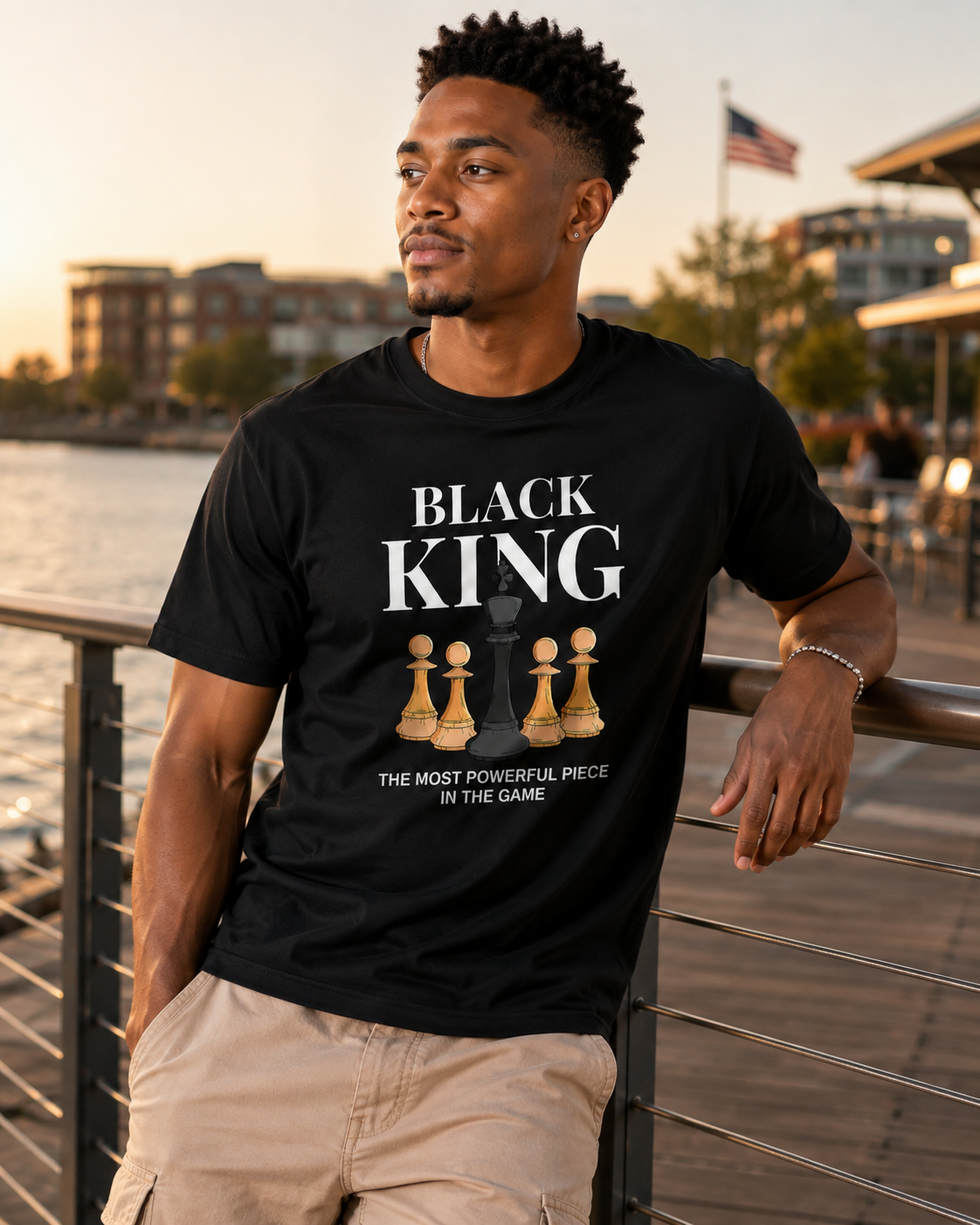 American Streetwear Style "Black King" Theme T-Shirt – Loose-Fit Casual Unisex Tee with Checkerboard & Chess Piece Print