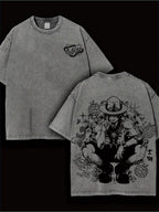 Men'S Casual Retro Washed 230g Light Gray Short Sleeve T-Shirt with Anime Character Pattern | Breathable, Sweat-Absorbent, Comfortable, Crew Neck, All-Season, Machine Washable, Perfect Holiday Gift for Friends, Sweat-Resistant