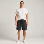 American vintage-style "dirty wash" shorts; distressed, faded, cotton-feel athletic shorts; versatile, casual unisex style.