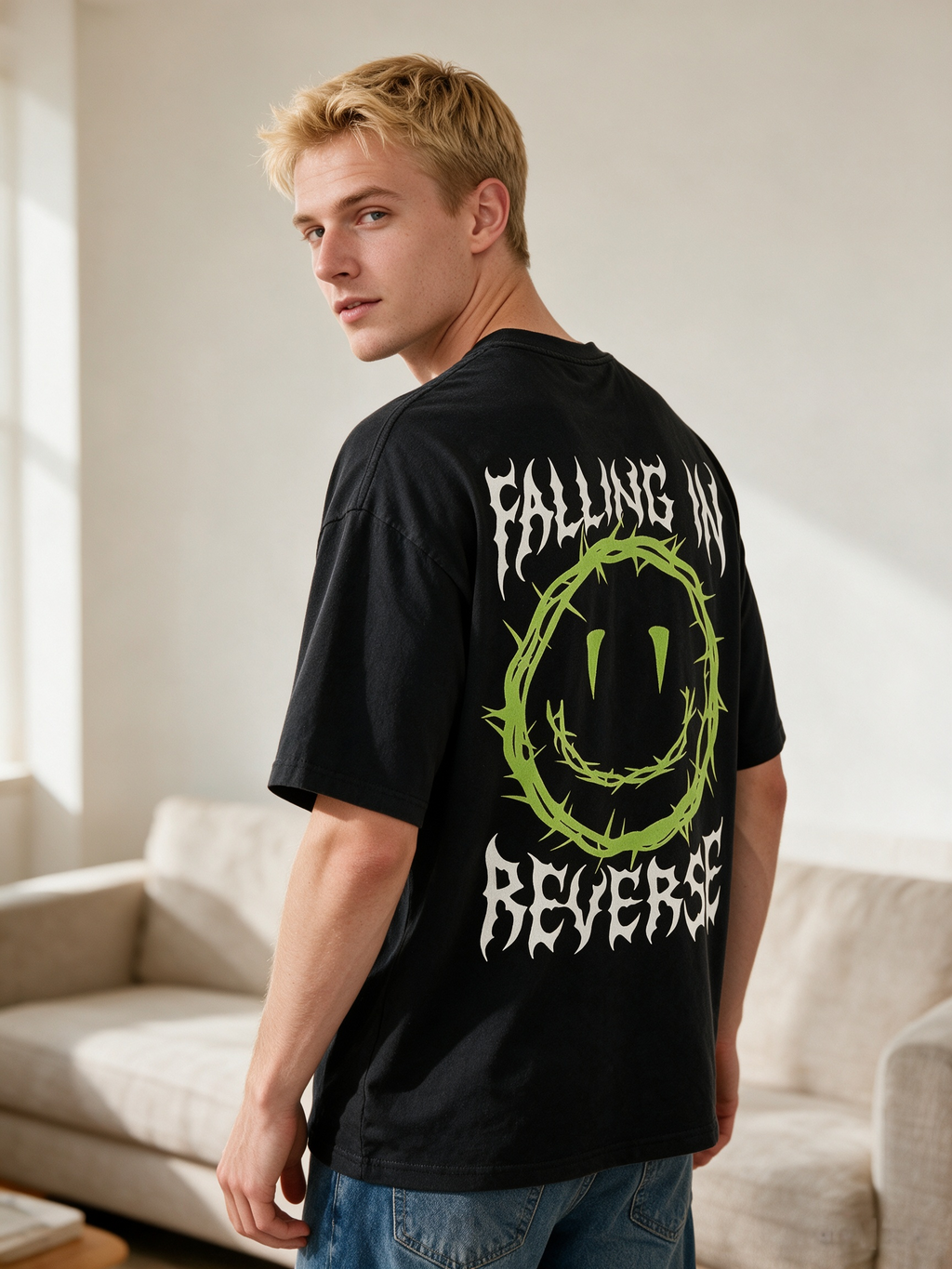 Oversized Heavyweight Cotton T-Shirt with Front & Back "Smiling Thorn" Print – Dark Punk/High-Street/Vintage Style Men's Streetwear Tee