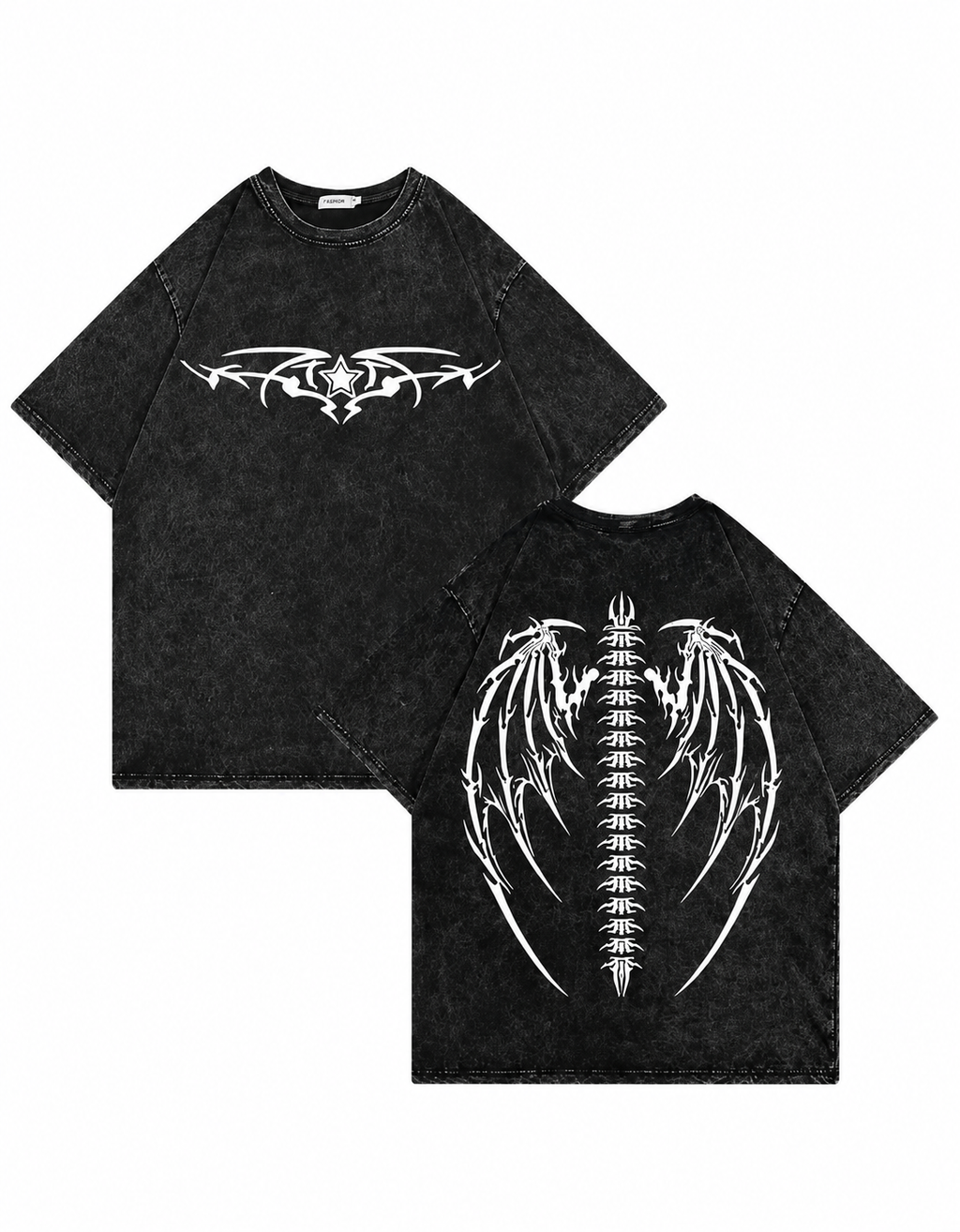 Dark Gothic Dragon Bone Demon Wing Double-Sided Print Totem Print Washed Distressed Short-Sleeve T-Shirt, American Heavyweight Pure Cotton, Oversized, Subculture Retro High Street Style, Unisex T-Shirt