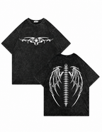Dark Gothic Dragon Bone Demon Wing Double-Sided Print Totem Print Washed Distressed Short-Sleeve T-Shirt, American Heavyweight Pure Cotton, Oversized, Subculture Retro High Street Style, Unisex T-Shirt