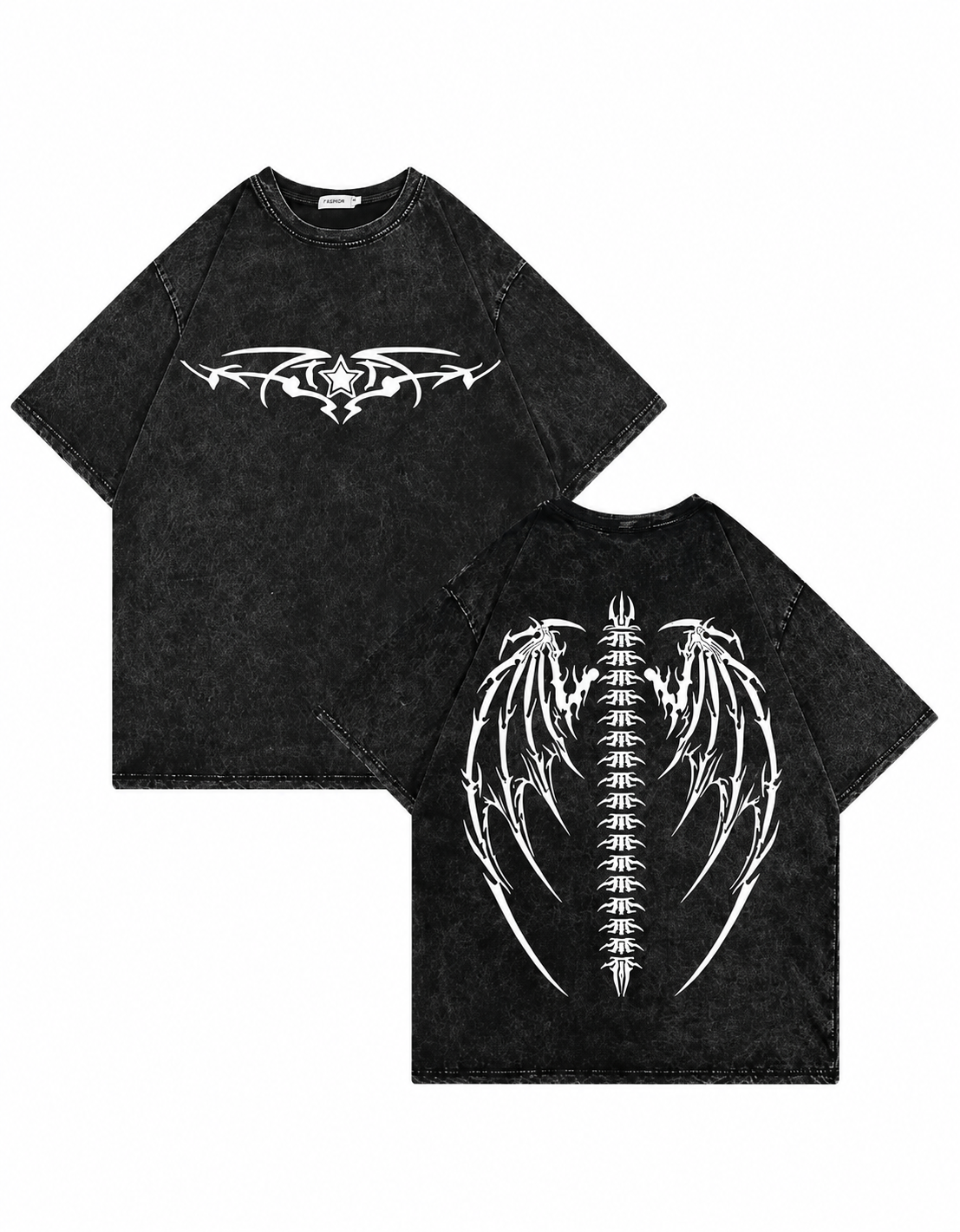 Dark Gothic Dragon Bone Demon Wing Double-Sided Print Totem Print Washed Distressed Short-Sleeve T-Shirt, American Heavyweight Pure Cotton, Oversized, Subculture Retro High Street Style, Unisex T-Shirt