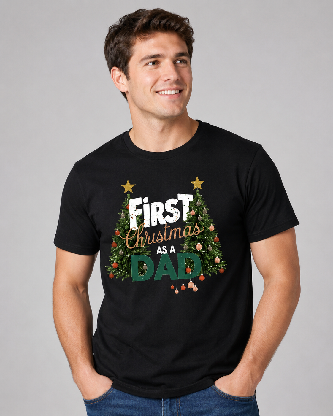 American-style washed retro print short-sleeved T-shirt for new dads' first Christmas - Heavyweight oversized men's holiday commemorative T-shirt.