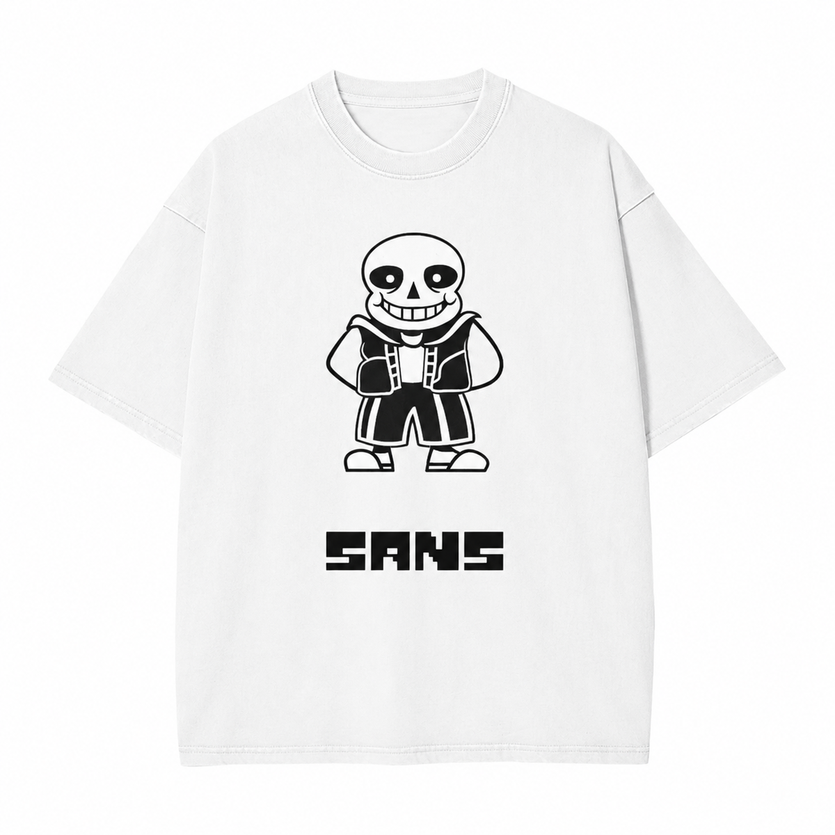 Undertale Sans Pixel Skull Stonewashed Distressed T-Shirt, Drop-Shoulder Loose Fit, Heavyweight Cotton, European and American Game Subculture Unisex Couple Retro Top