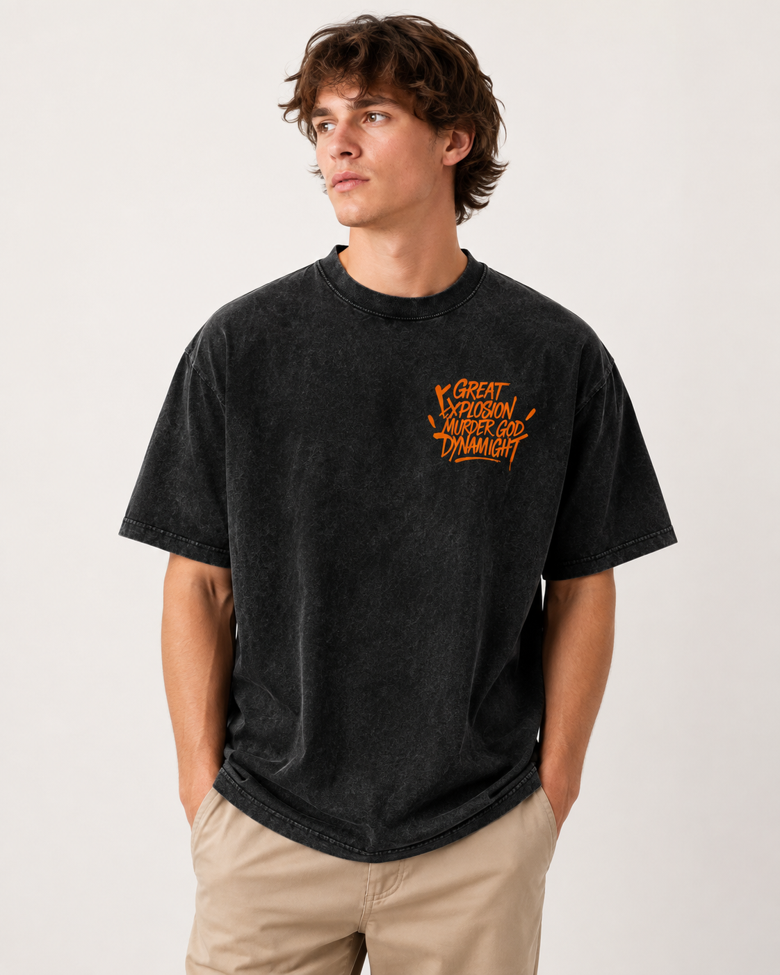 American-style acid-washed distressed Katsuki Bakugo anime print short-sleeved T-shirt, heavyweight retro wash, oversized, loose fit, unisex.