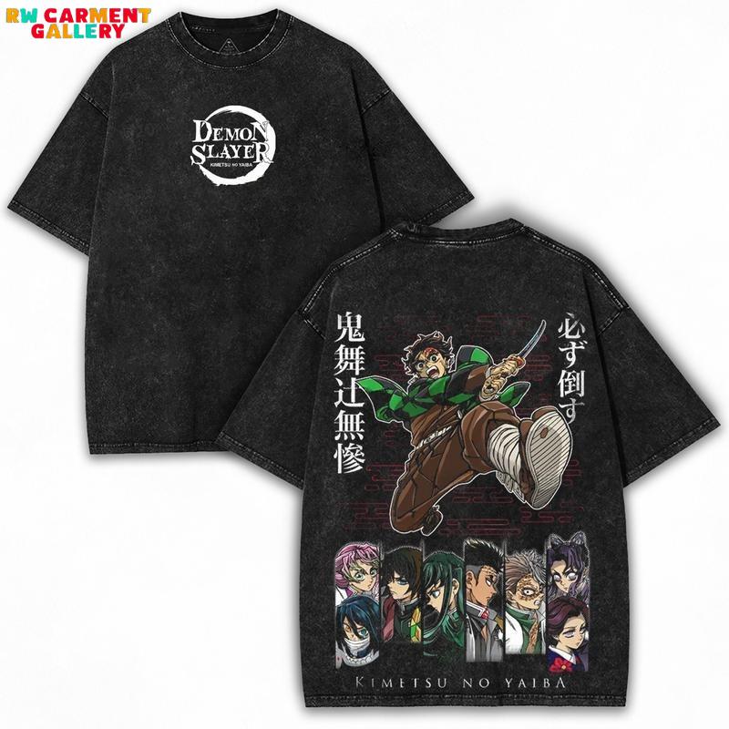Demon Slayer Anime Washed Oversized Tee – Dark Sword Art Vintage Graphic Heavy Cotton Streetwear Drop