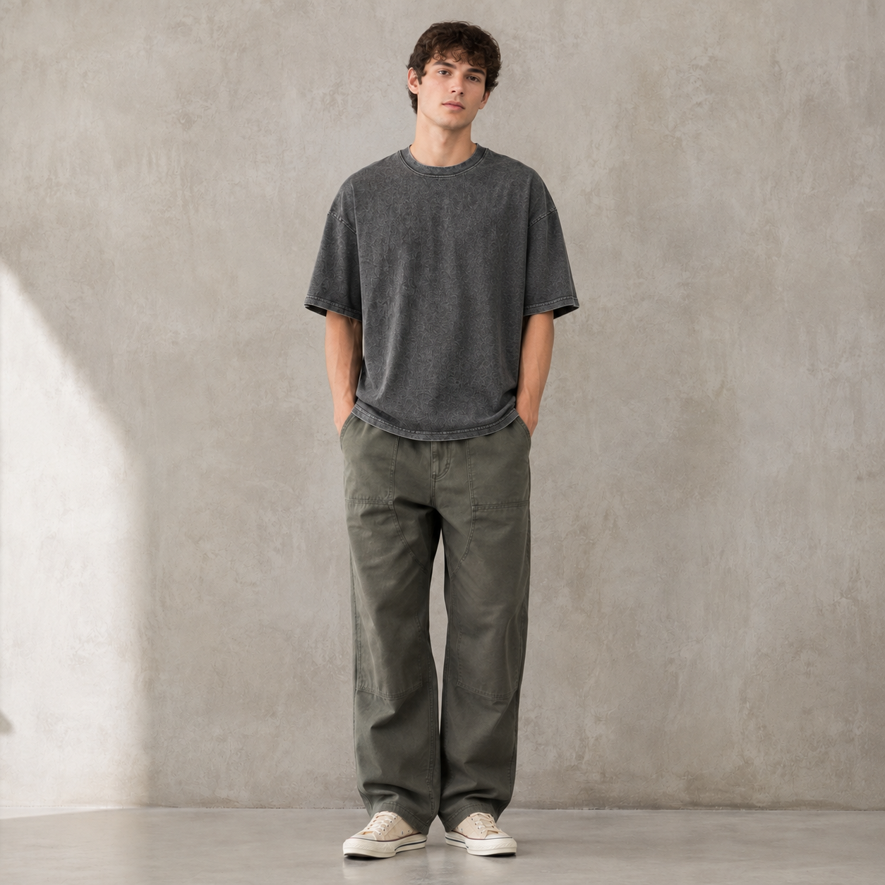 Men's Vintage Washed Grey Loose-Fit T-Shirt | Heavyweight Cotton American Streetwear Style Drop-Shoulder Short Sleeve