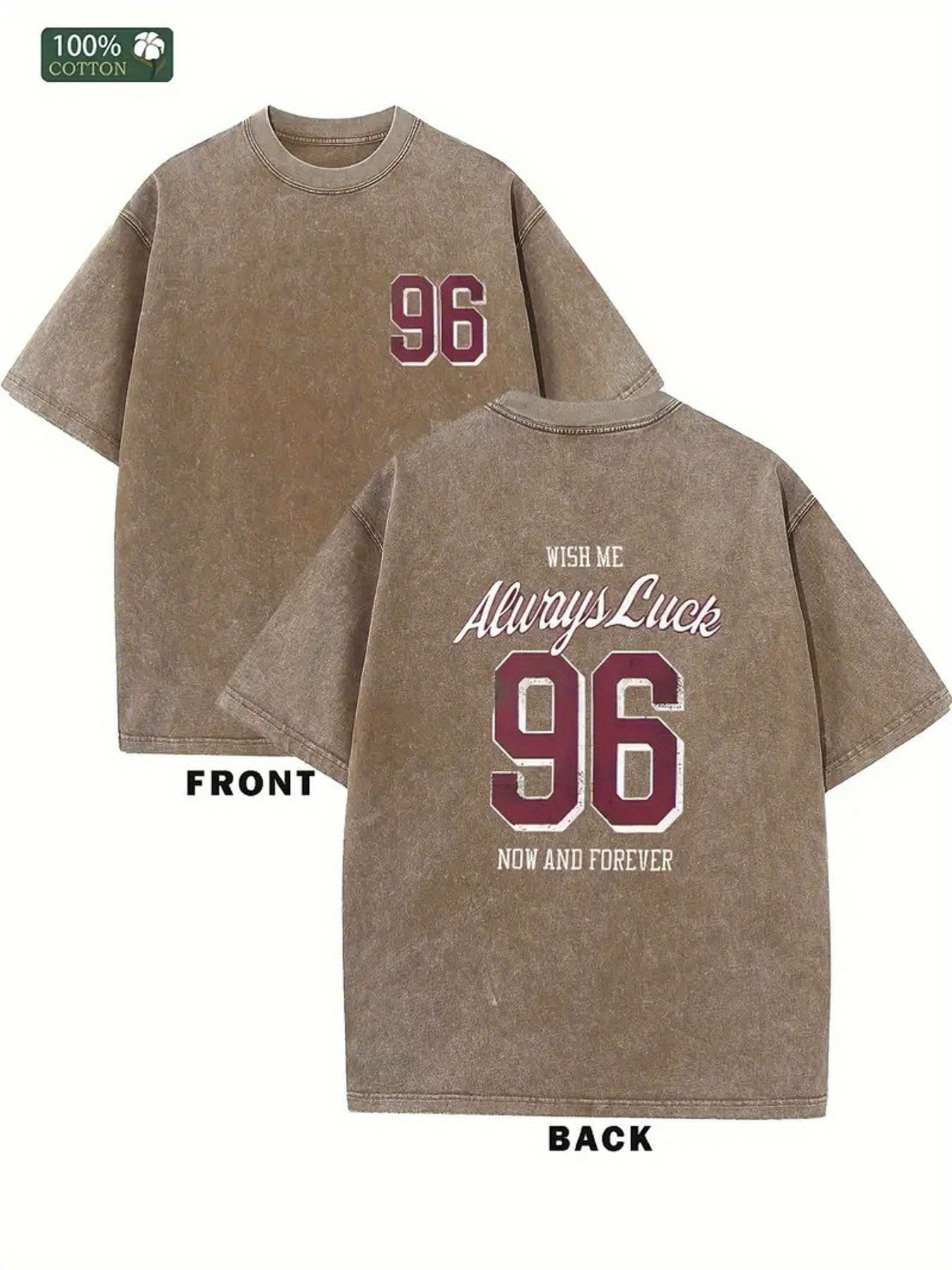 Men'S Heavyweight 230g 100% Vintage Washed T-Shirt with Number 96 Graphic Print - Double-Sided Soft Round Neck Casual Streetwear, All-Season Fit for Outdoor Travel & Casual Attire, Ideal Gift for Family, Friends, Colleagues (Front & Back Design)