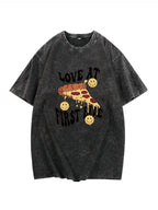 Men'S 100% Pure 230g Washed Black Outdoor T-Shirt | Pizza Pattern, Crew Neck, Casual Style, All-Season Wear