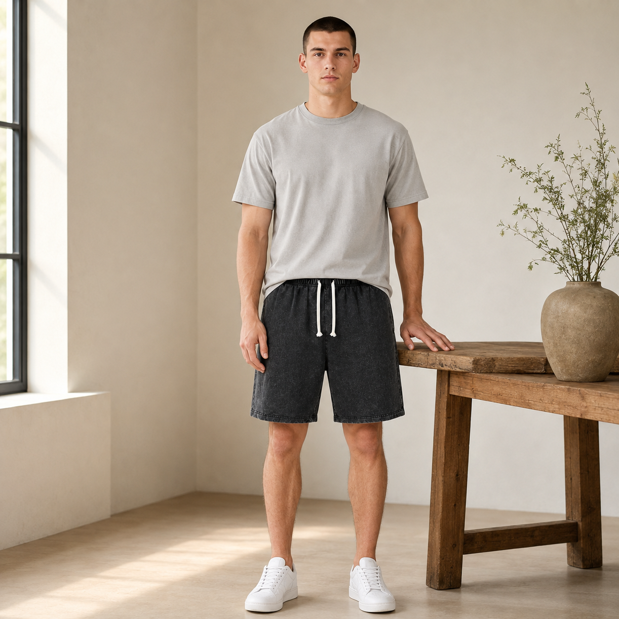 American-style vintage distressed-wash shorts; breathable cotton-blend athletic shorts; versatile, casual unisex style.