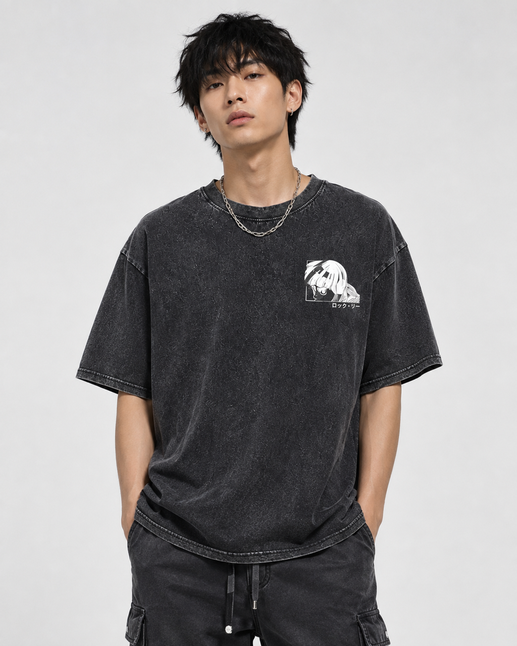 Heavyweight Unisex Vintage-Wash Loose-Fit T-Shirt with "Naruto" Rock Lee Anime Graphic