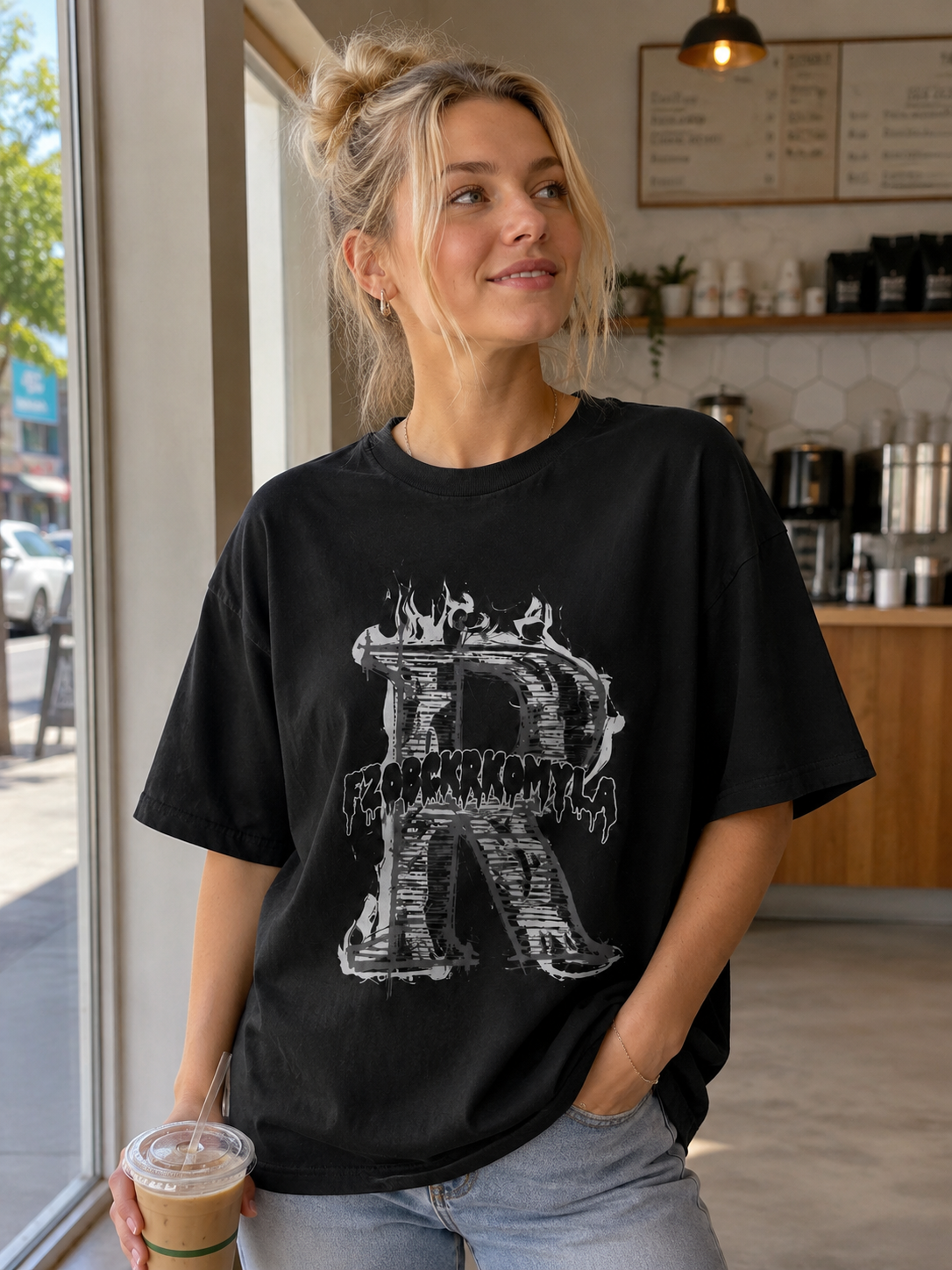 American High-Street Style Flame "R" Print Cotton Short-Sleeve T-Shirt – Distressed, Oversized, Heavyweight Streetwear Top for Women