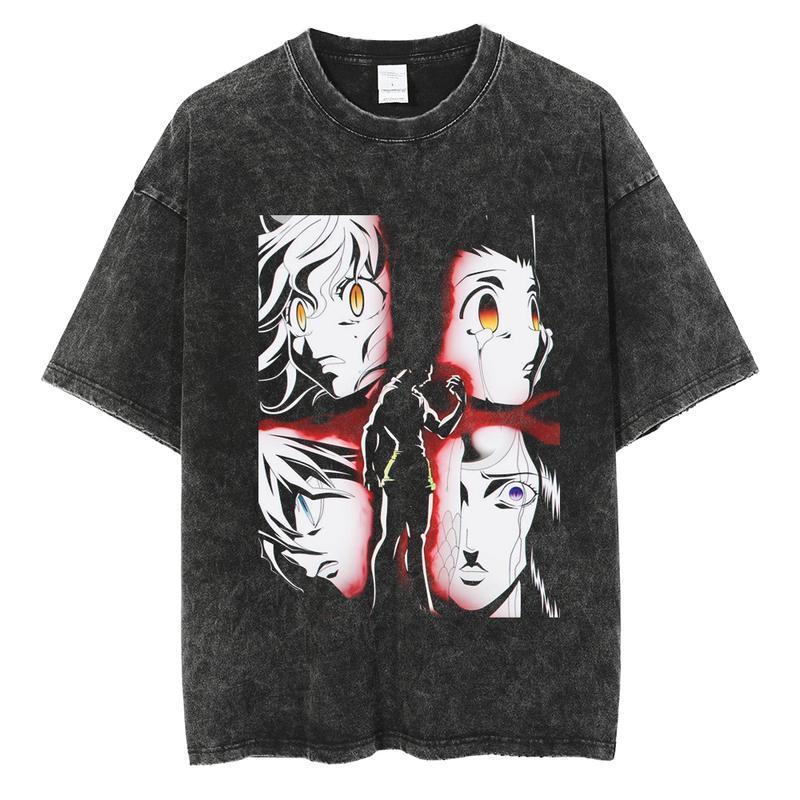 Men Anime Print Washed TShirt Summer Harajuku Short Sleeve Cotton  Tshirt Hip Hop Streetwear  Vintage Black T-Shirt Menswear Top
