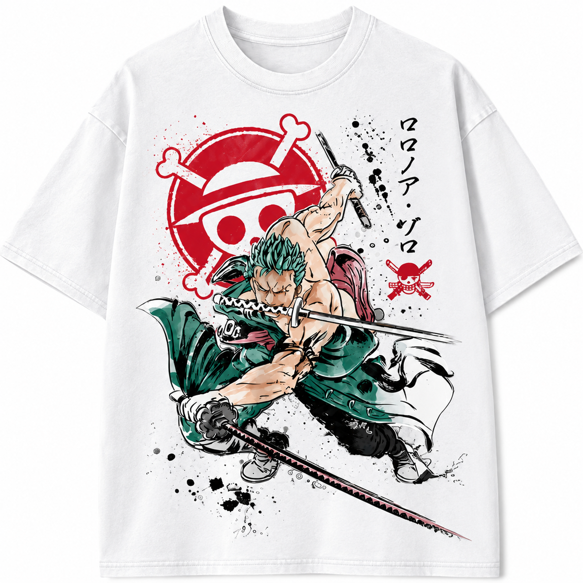 American-style acid-washed distressed One Piece Roronoa Zoro Three-Sword Style Print Short-Sleeve T-Shirt, Heavyweight Wash, Oversized, Retro Anime Unisex T-Shirt