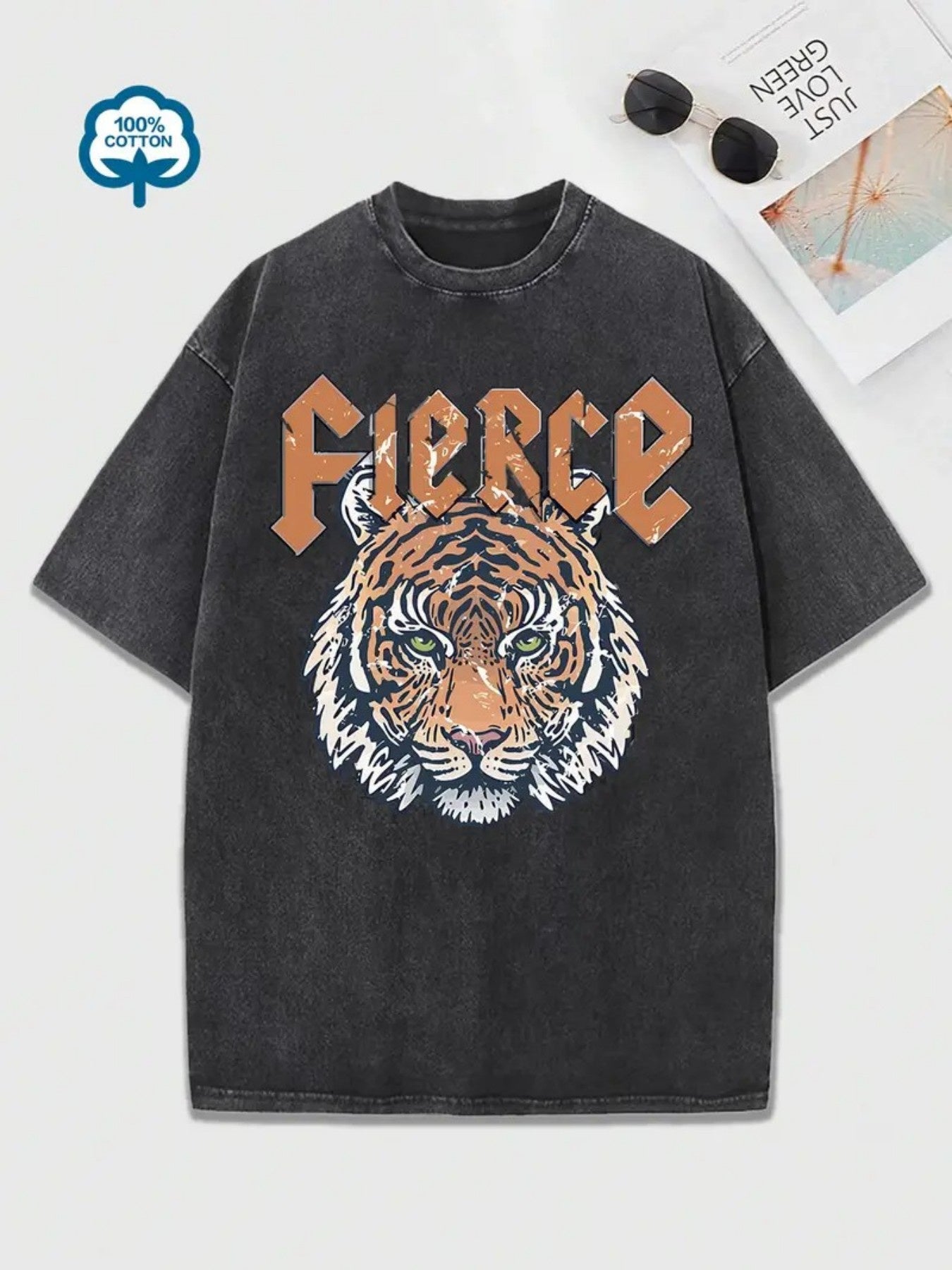 Men's Heavyweight 230g Vintage Washed Oversized T-Shirt with 'Fier' Logo Print - Loose Fit Retro Streetwear Tee Suitable for Hip-Hop, Campus Style & Year-Round Wear (Machine Washable)