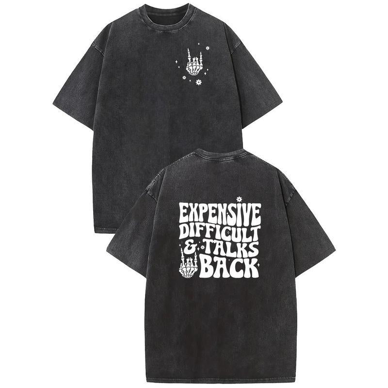 Holafish Acid Washed Shirt Talks Back Print Casual Graphic Tee Half Short Sleeves Crew Neck Summer Comfortable Cotton Top for Women - Fit