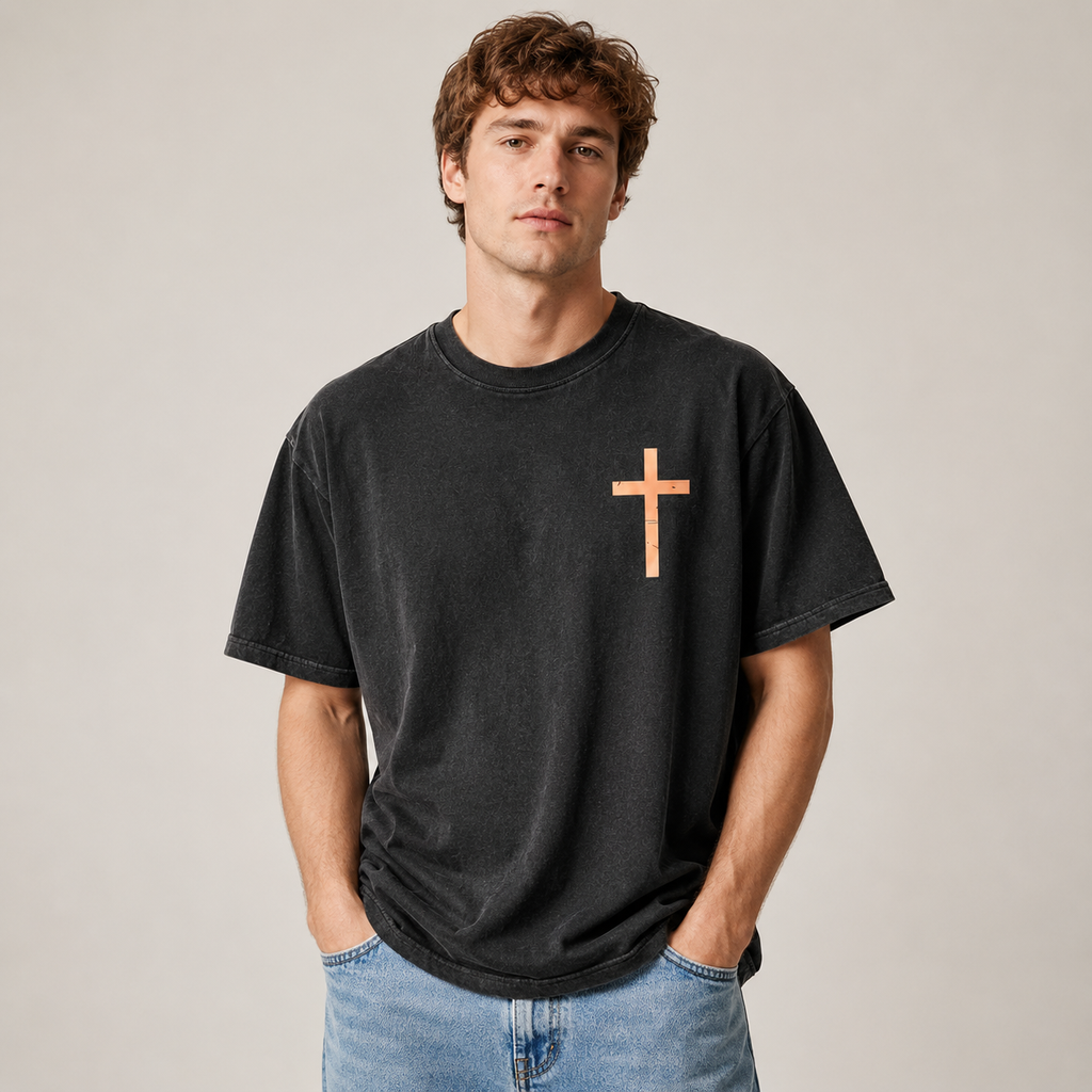 Vintage 100% Cotton "Isaiah" Faith T-Shirt – Men's Loose-Fit, Drop-Shoulder Short-Sleeve Tee Featuring a Cross on the Front and a Scenic Print of Jesus by the Lake on the Back