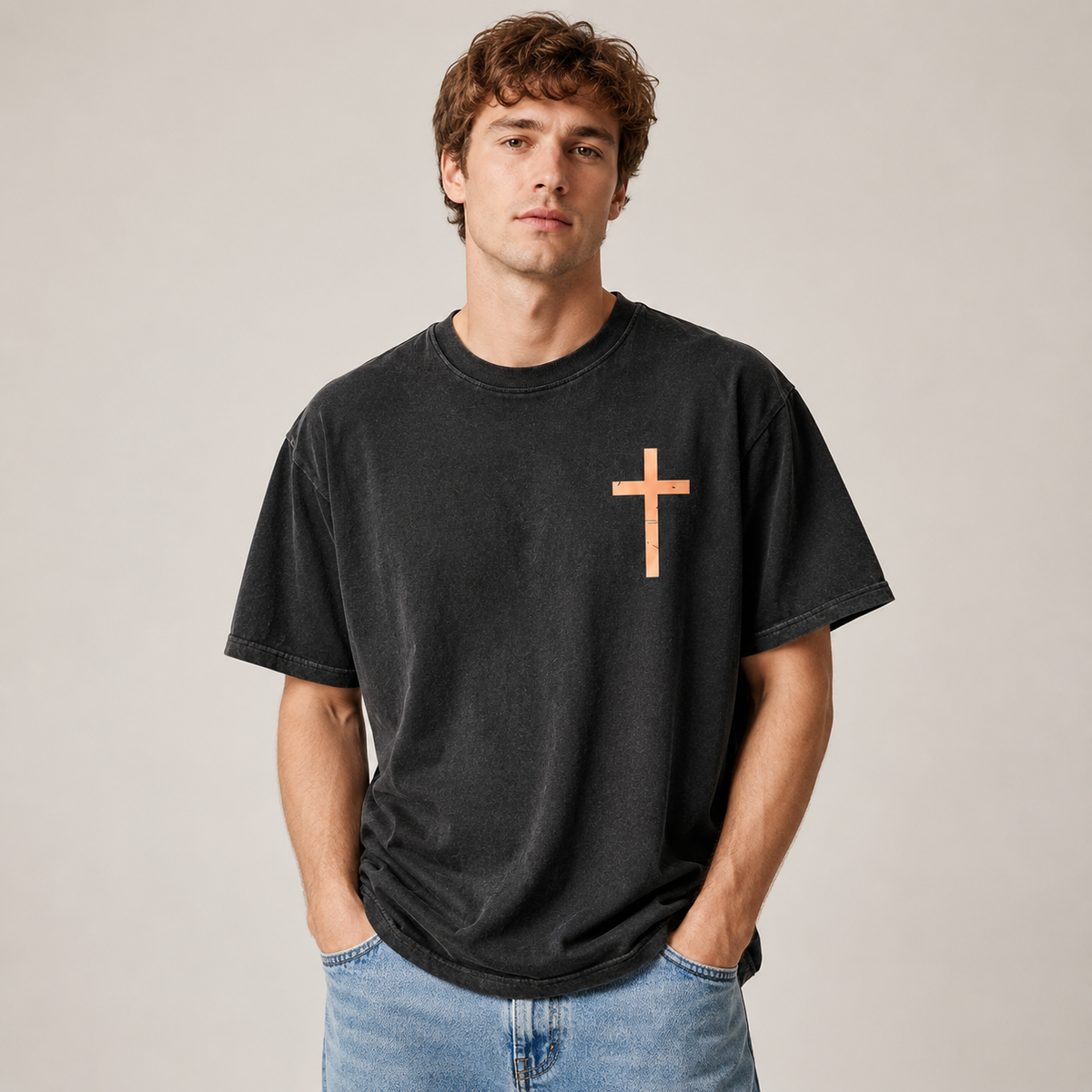 Vintage 100% Cotton "Isaiah" Faith T-Shirt – Men's Loose-Fit, Drop-Shoulder Short-Sleeve Tee Featuring a Cross on the Front and a Scenic Print of Jesus by the Lake on the Back