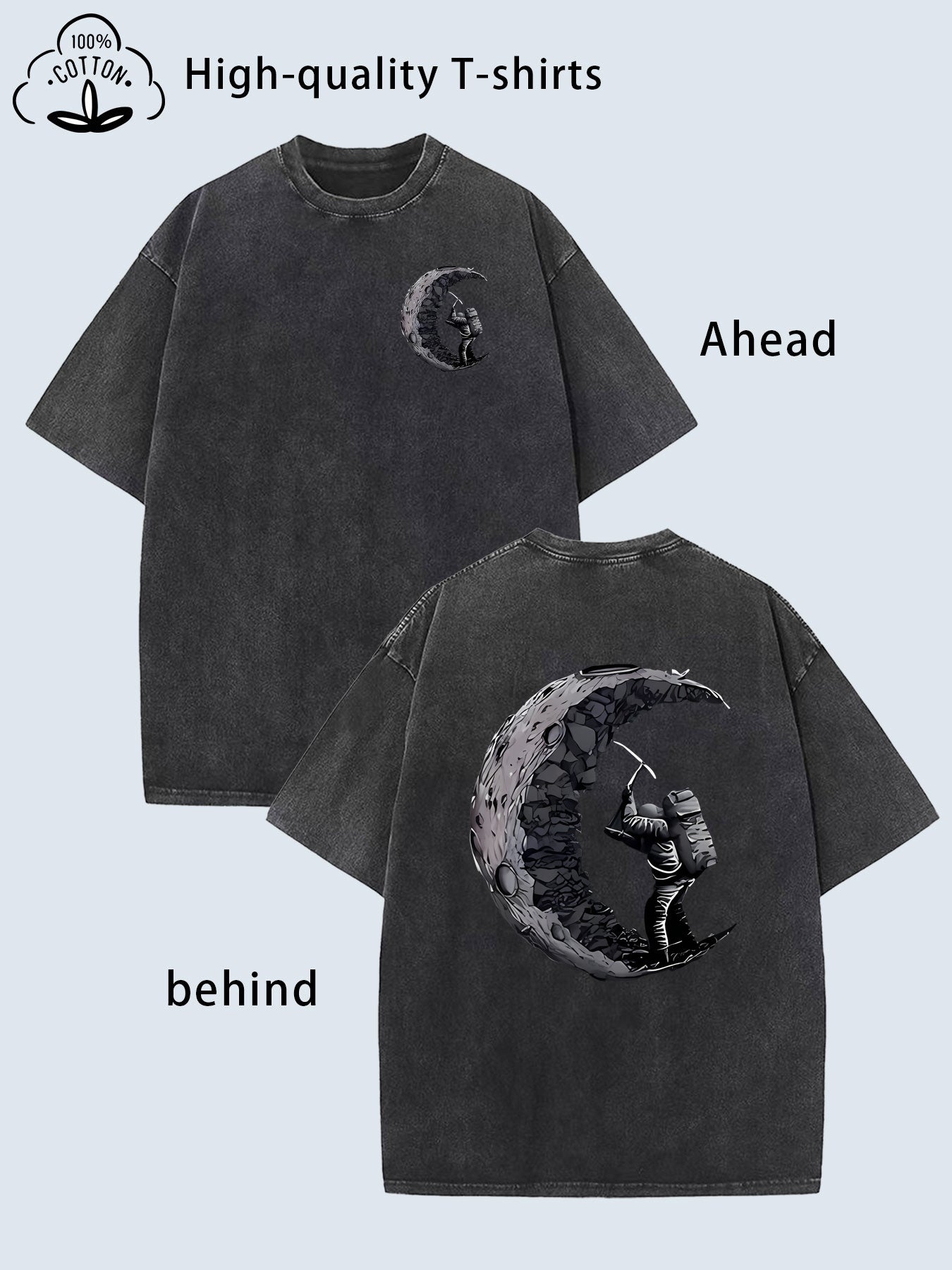 Men's Heavy-Duty Vintage Washed Astronaut & Moon Print T-Shirt - Soft Breathable Fabric, Loose Fit Retro Streetwear Style with Front/Back Space Design, Plus & Tall Sizes for all-Season Casual Wear (Crew Neck Short Sleeve)