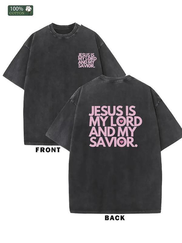 Couple Matching Vintage Washed Print T Shirt Jesus Is My Lord And My Savior Pink Text Design Round Neck Short Sleeve Oversized Relaxed Fit Straight Hem Casual Top