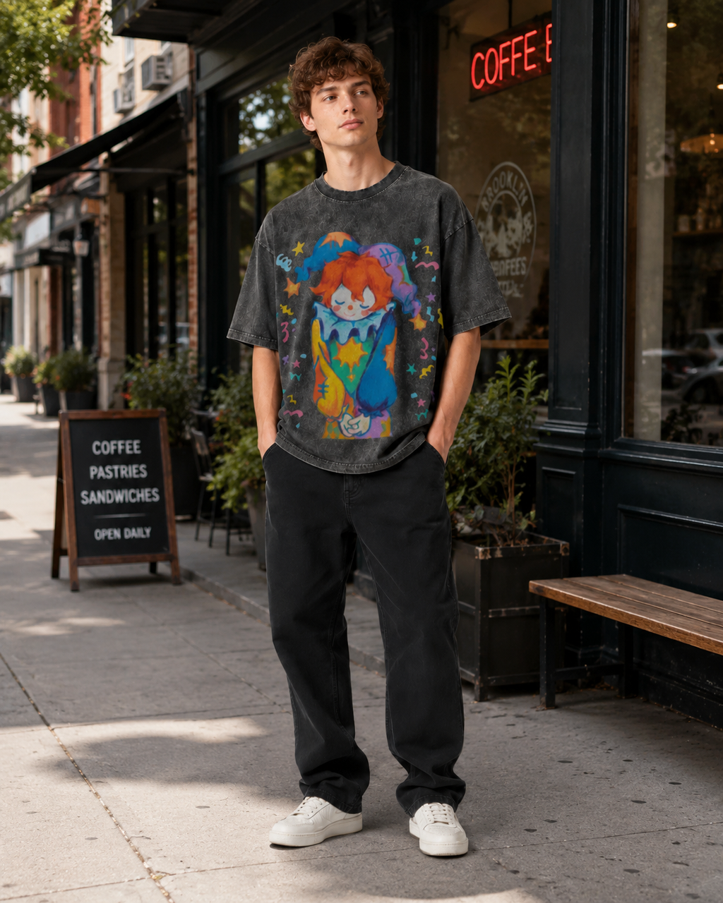 Hand-painted, colorful clown print, distressed wash, American heavyweight pure cotton, oversized, fun, retro, dopamine-inducing unisex T-shirt.
