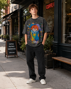 Hand-painted, colorful clown print, distressed wash, American heavyweight pure cotton, oversized, fun, retro, dopamine-inducing unisex T-shirt.