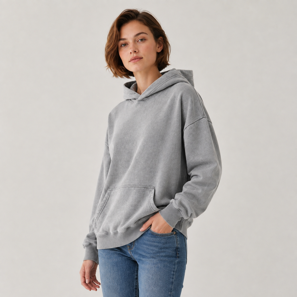 Vintage-wash distressed hooded sweatshirt—a versatile, relaxed-fit casual jacket with a laid-back, dropped-shoulder style.
