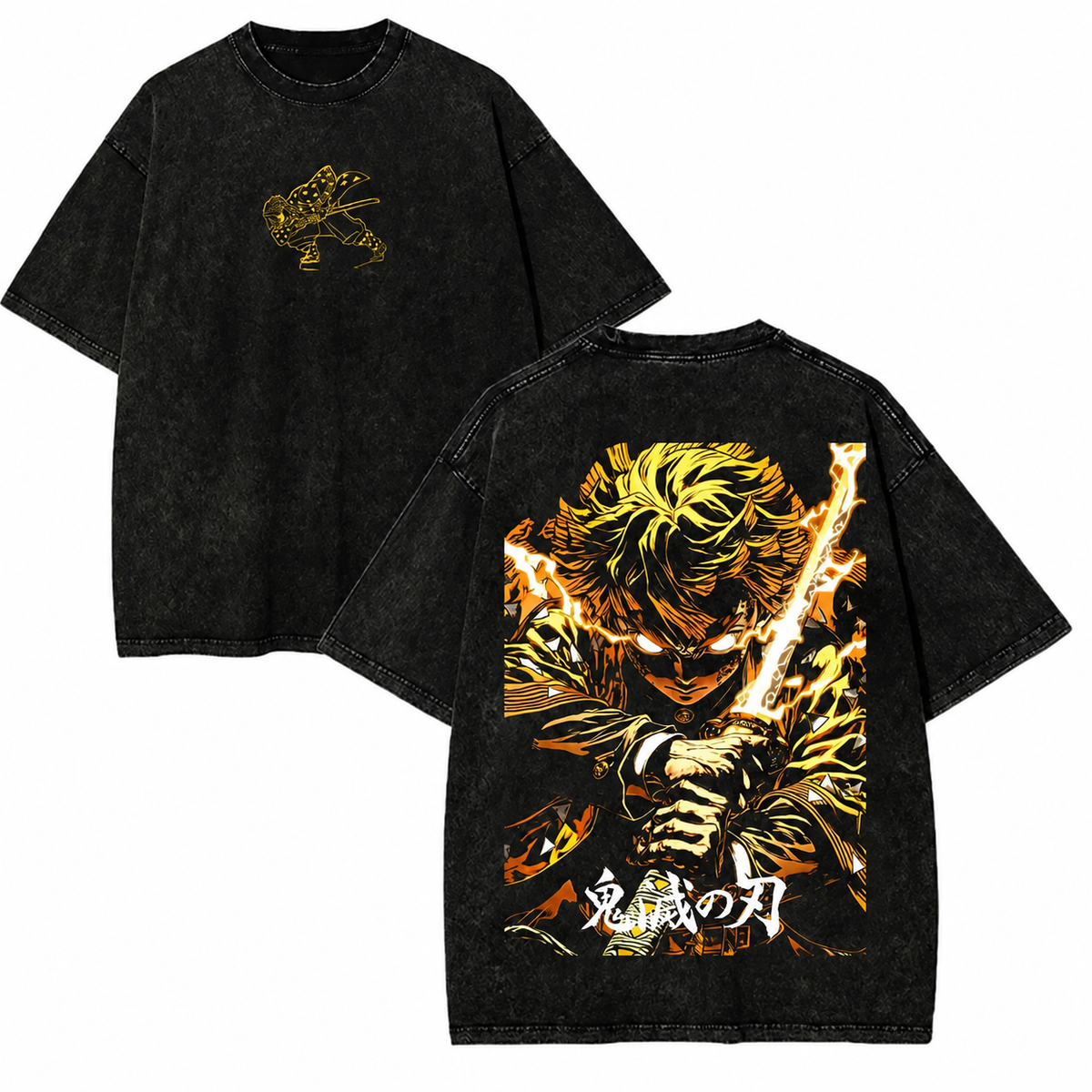 Vintage Stone Wash Demon Slayer Zenitsu Lightning Samurai Print Short-Sleeve Top, High Street Heavyweight Cotton Drop-Shoulder Anime Style
