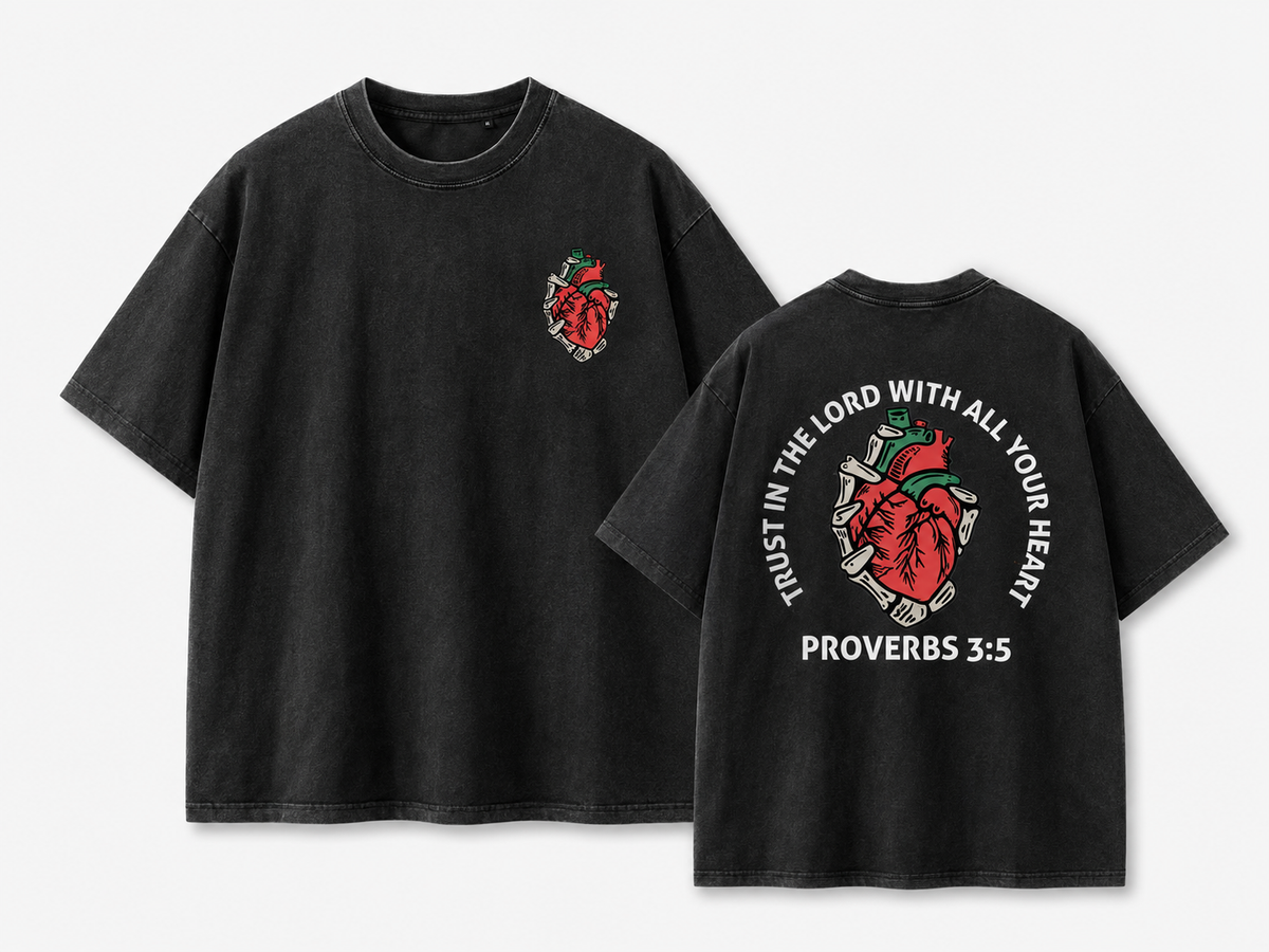 American-style "Proverbs 3:5" graphic T-shirt—oversized, 100% cotton, black with a vintage wash, and featuring double-sided prints.