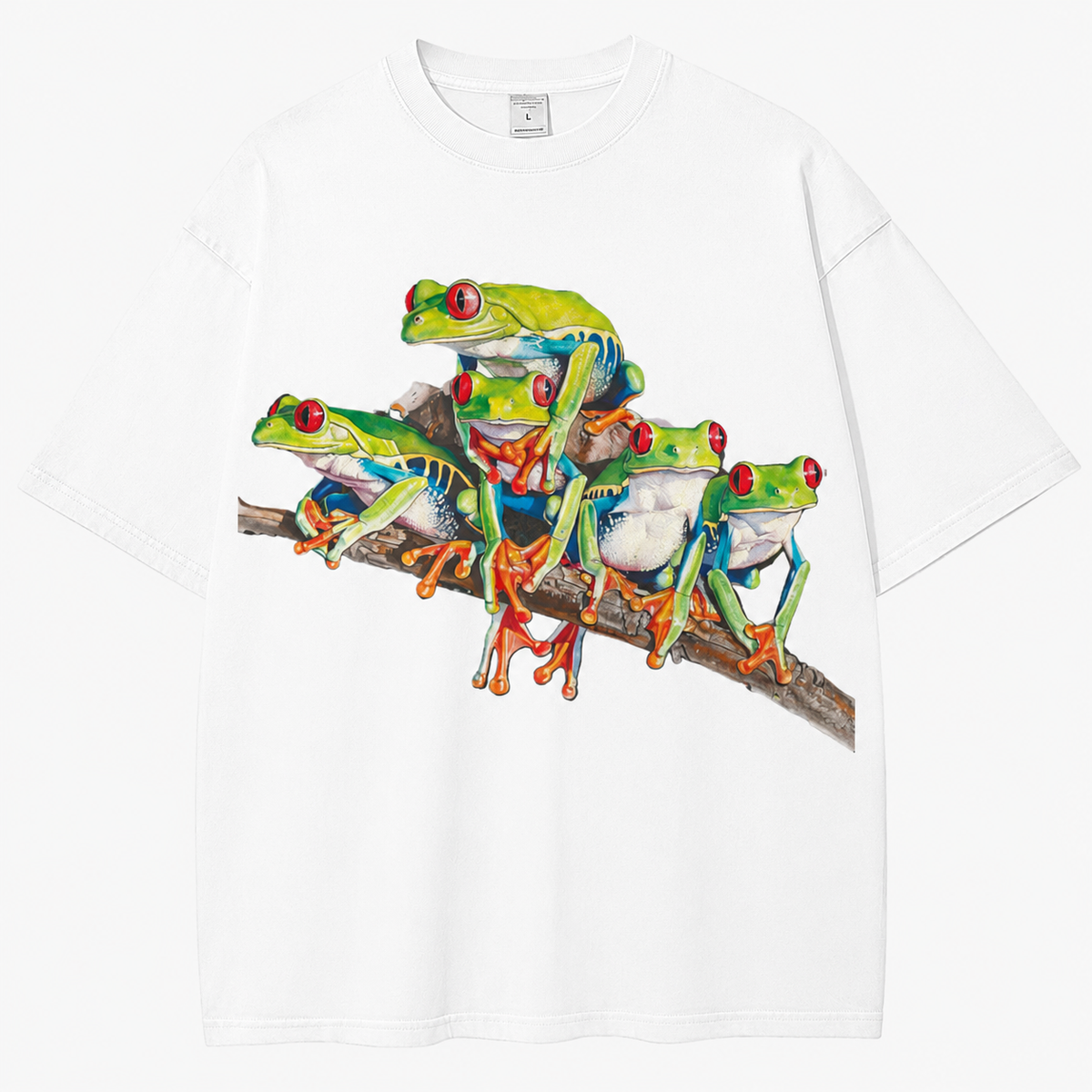 Vintage-Wash Short-Sleeve T-Shirt | Realistic Red-Eyed Tree Frog Illustration Print — American Oversized Retro Style (Unisex)