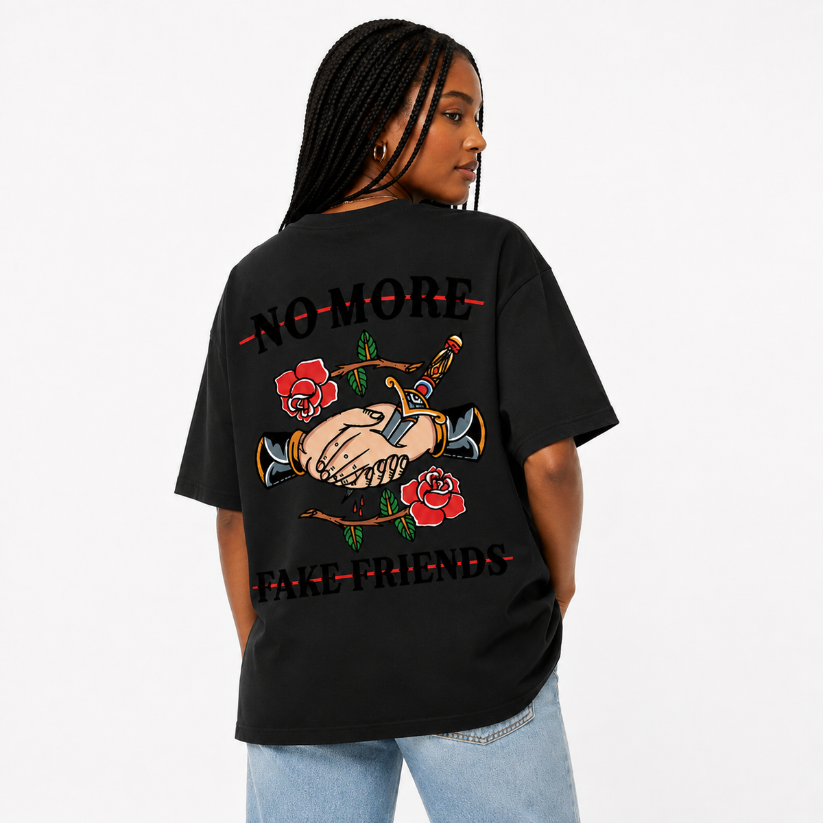 Women's Oversized Streetwear T-Shirt: Washed-Finish Pure Cotton with "Old School" Tattoo-Style Double-Sided Print (Rose, Dagger, and Handshake Motif)