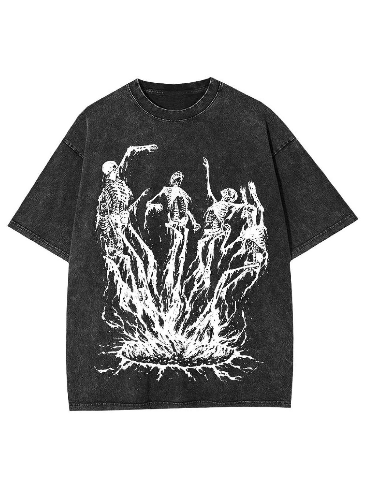 Acid-Washed Vintage Short-Sleeve T-Shirt | Dark Fantasy Flame Monster Graphic — American High-Street Oversized Unisex Tee