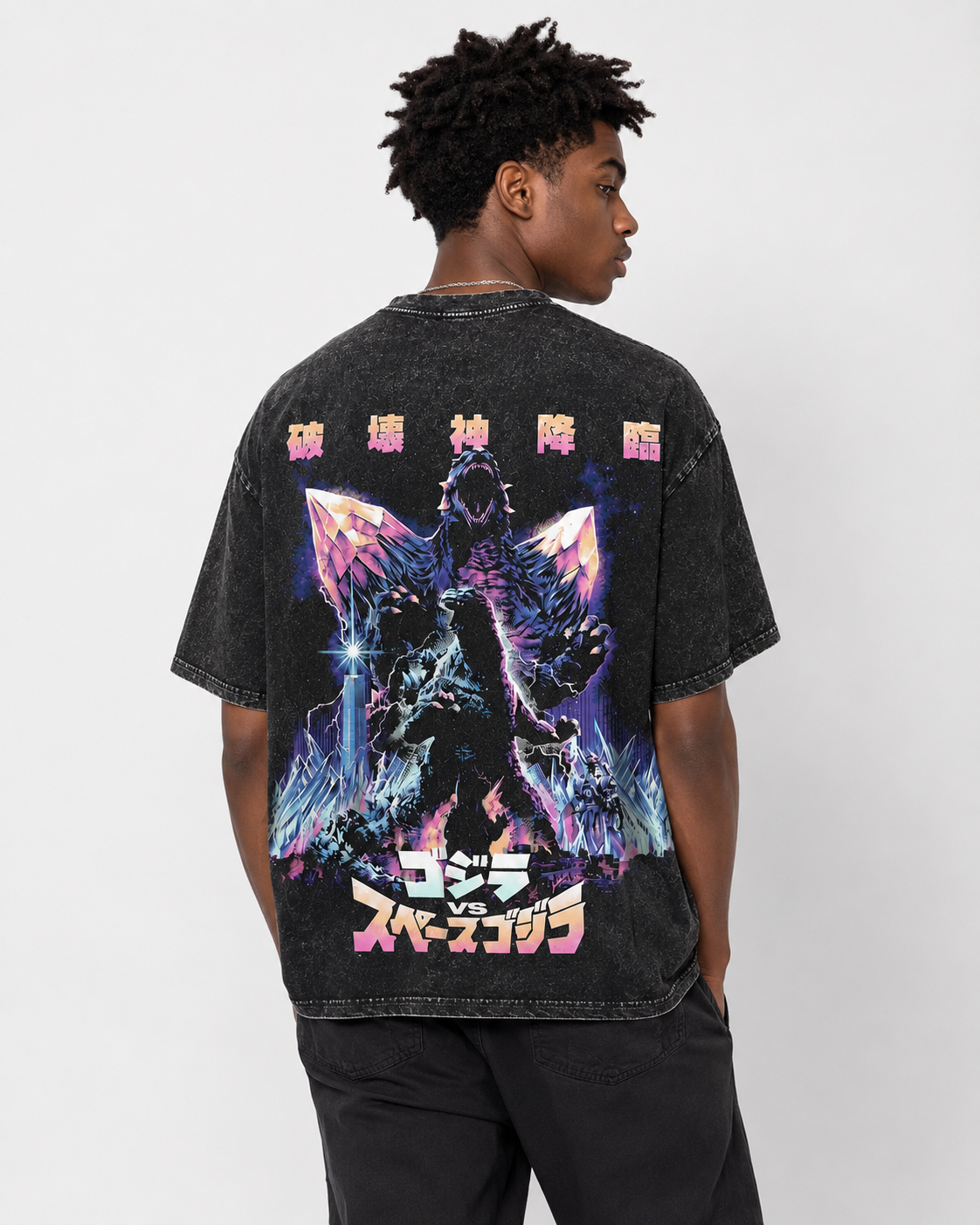 American-style acid-washed distressed Godzilla Space Godzilla print short-sleeved T-shirt, heavy-duty wash, oversized, retro monster movie style, unisex.