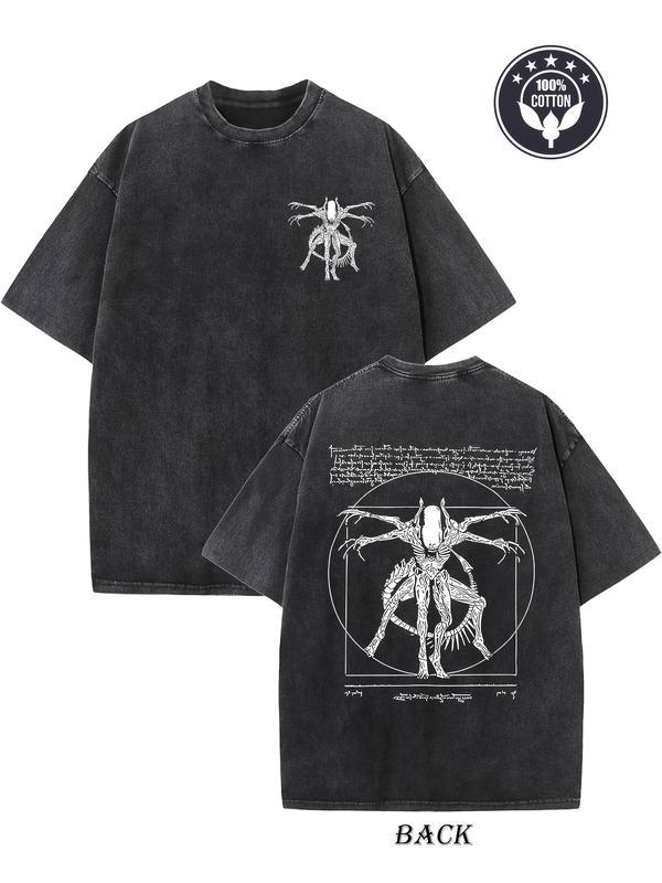 Couples Vintage Washed Printed T Shirt Alien Vitruvian Man Sketch Crew Neck Short Sleeve Regular Fit Straight Hem Graphic Design