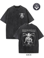 Couples Vintage Washed Printed T Shirt Alien Vitruvian Man Sketch Crew Neck Short Sleeve Regular Fit Straight Hem Graphic Design