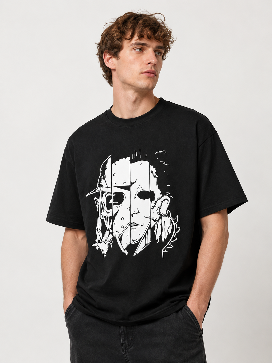 Distressed Black Oversized T-Shirt – Dark Halloween Theme – 100% Cotton – Casual Tee for Horror Movie Fans