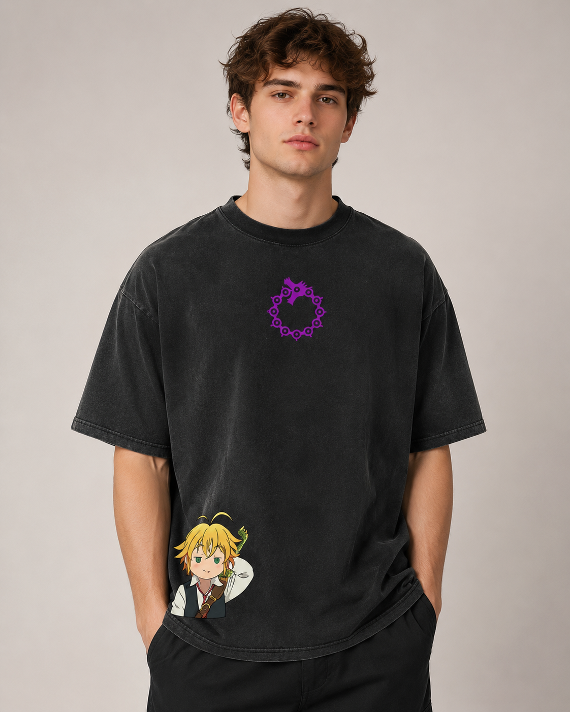 Vintage-Wash Short-Sleeve T-Shirt | *The Seven Deadly Sins* Meliodas Double-Sided Print – Japanese Anime Style, Unisex Oversized Fit