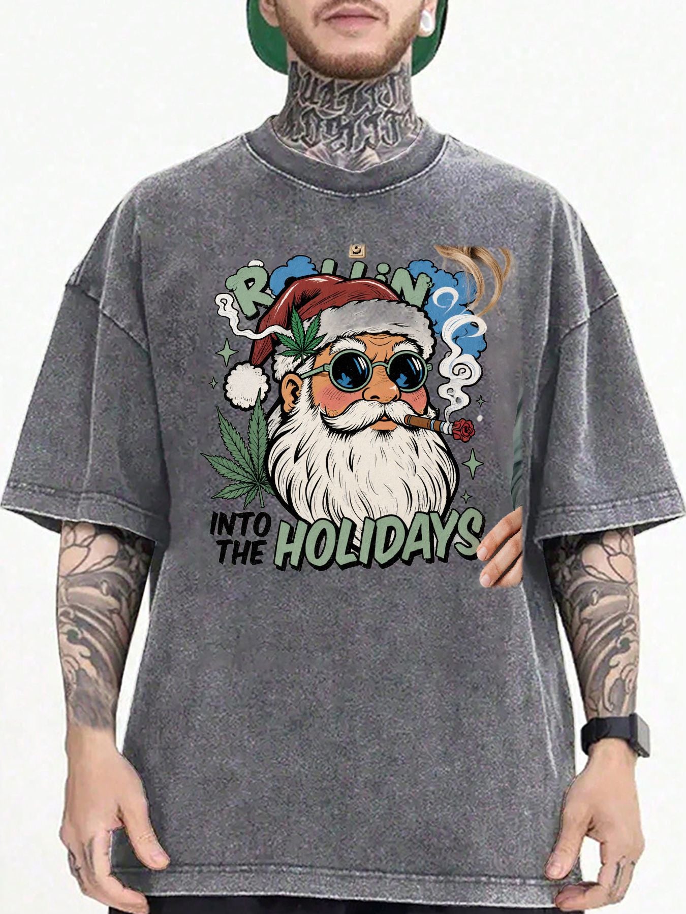 Men's & Women's Vintage Christmas "Into The Holidays" T-Shirt - Oversized Soft Breathable Fabric with Rolling Santa & Leaf Distressed Retro Street Style - Unisex Casual Crew Neck Short Sleeve Top for Year-Round Wear & Holiday Parties