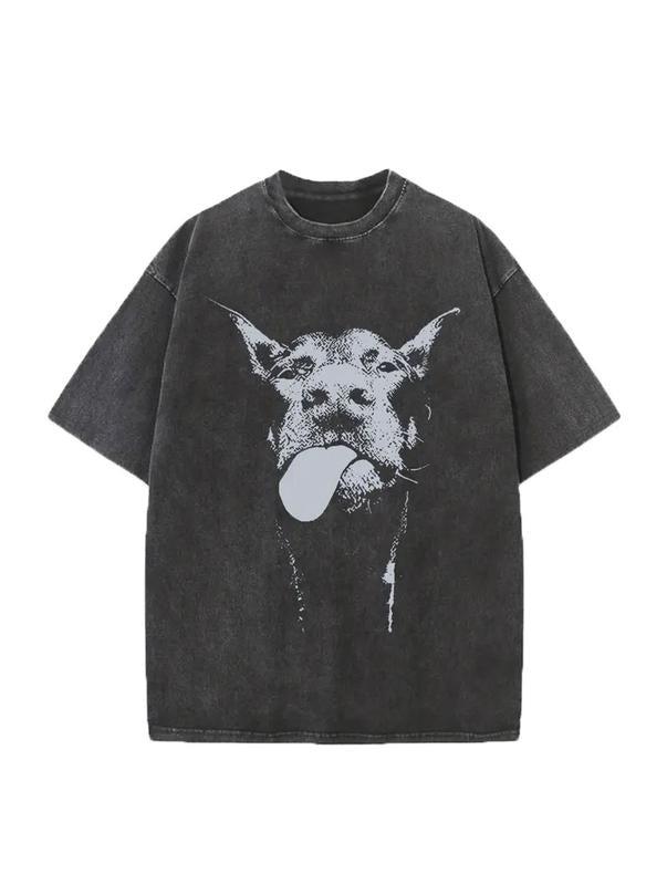 Double-sided printMen's Casual Cotton T-Shirt with Playful Dog Print – Summer Short Sleeve, Round Neck, Soft Washed Brown Fabric, Street Style, Machine Washable
