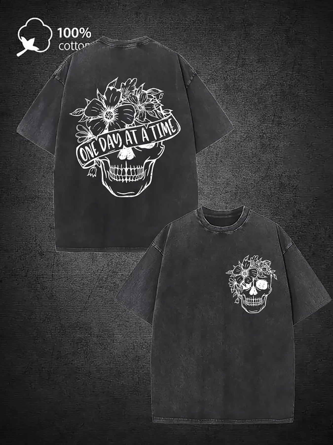 Men'S Vintage Washed Black Denim T-Shirt - 100% Distressed Gothic Skull & Rose Print with White Bones & "Day by Day" Slogan, Casual Music Festival Outfit, Regular Fit All-Season Comfort, Edgy Gift for Dad Husband (Skull & Rose Design, Durable 100% )
