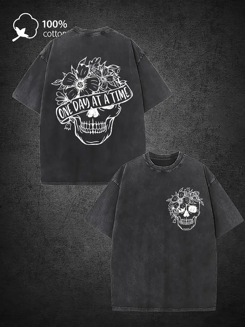Men'S Vintage Washed Black Denim T-Shirt - 100% Distressed Gothic Skull & Rose Print with White Bones & "Day by Day" Slogan, Casual Music Festival Outfit, Regular Fit All-Season Comfort, Edgy Gift for Dad Husband (Skull & Rose Design, Durable 100% )