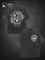 Men'S Vintage Washed Black Denim T-Shirt - 100% Distressed Gothic Skull & Rose Print with White Bones & "Day by Day" Slogan, Casual Music Festival Outfit, Regular Fit All-Season Comfort, Edgy Gift for Dad Husband (Skull & Rose Design, Durable 100% )