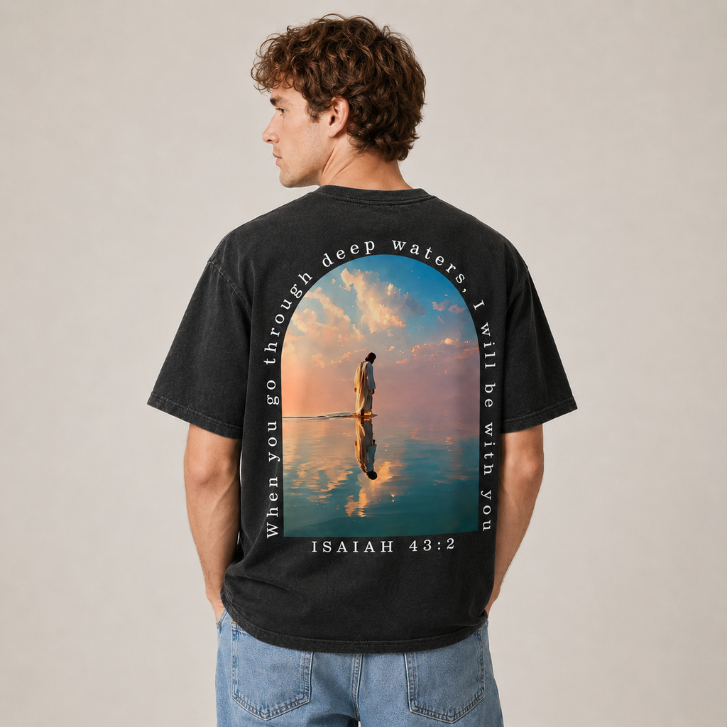 Vintage 100% Cotton "Isaiah" Faith T-Shirt – Men's Loose-Fit, Drop-Shoulder Short-Sleeve Tee Featuring a Cross on the Front and a Scenic Print of Jesus by the Lake on the Back