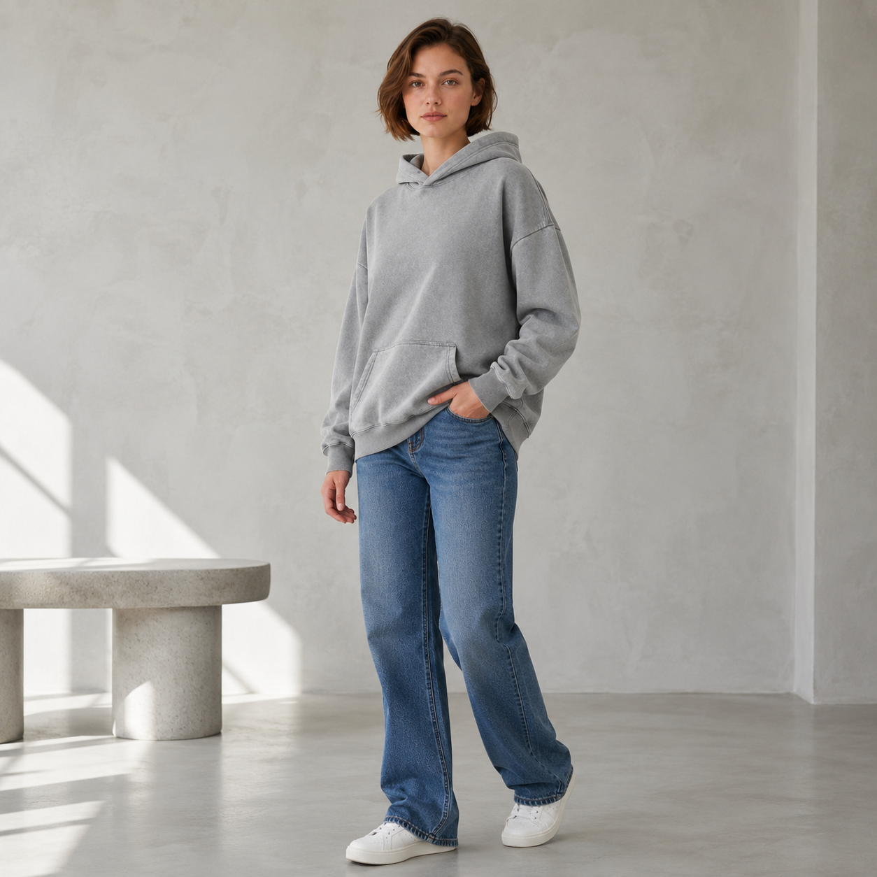 Vintage-wash distressed hooded sweatshirt—a versatile, relaxed-fit casual jacket with a laid-back, dropped-shoulder style.